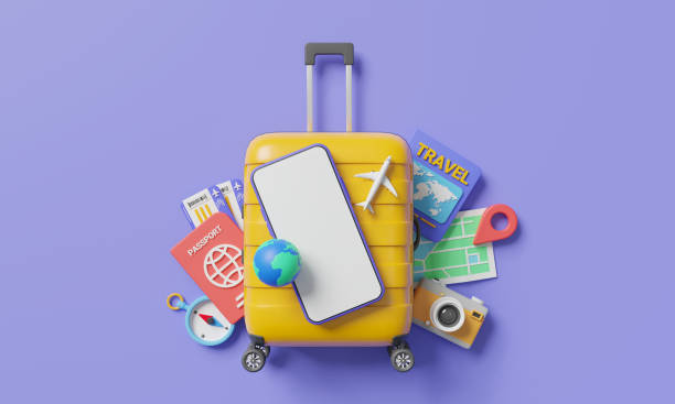 Online travel booking service app on smartphone . Travel online ticket. Trip planning. Travel to World. Travel equipment and luggage. Top view on travel and tourism concept template. 3d render illustration aplicación de servicio de reserva de viajes en línea en el teléfono inteligente. billete de viaje en línea. planificación de viajes. viaja al mundo. equipo de viaje y equipaje. vista superior de la plantilla de concepto de viajes y turismo. ilustraci�