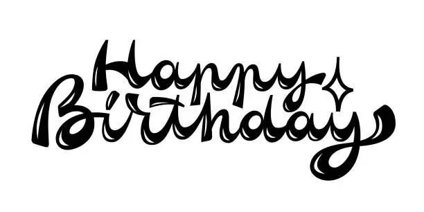 Vector illustration of Happy Birthday. Hand Drawn Inscription. Calligraphic quote black ink isolated on white. Template of holiday banners, postcards, greeting card. Vector Illustration