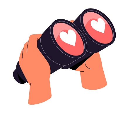 Person holds glasses with heart signs on lens in hands. People look through binoculars, search love, romantic relationship on dating services. Flat isolated vector illustration on white background.