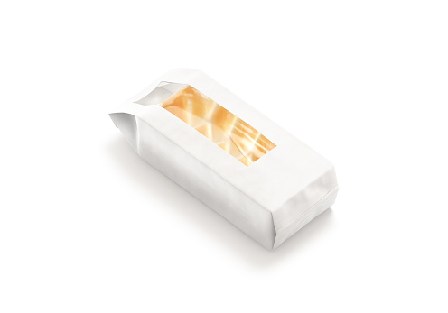 Blank white paper pack with window for bread mockup, isolated, 3d rendering. Empty papery craft wrapping for baked baguette mock up, side view. Clear take away bakery loaf pouch template.