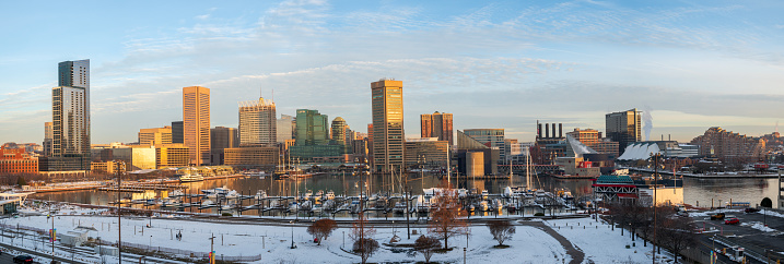 Panoramic view of the Baltimore Inner Harbor from Federal Hill Park in Baltimore in the winter