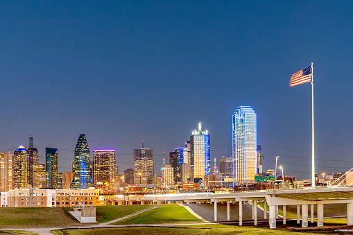 scenic skyline by night in Dallas, Texas, USA