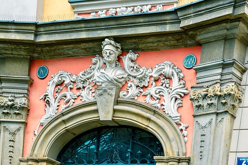 Krakow, Poland - July 12, 2023: Decorative element on a building in the old town.