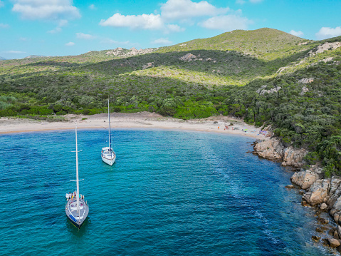Yachts at anchor in a bay of the island of Porquerolles, French Riviera