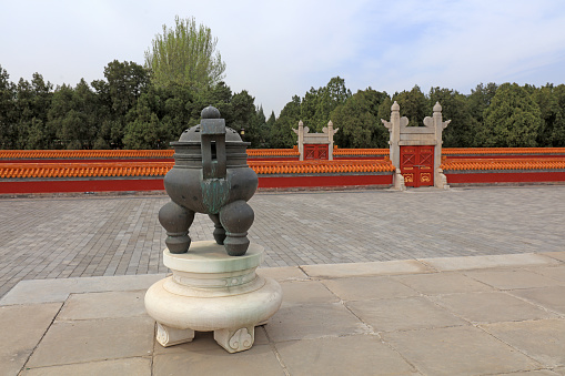 Chinese Qing Dynasty incense burner architecture landscape in Ditan Park, Beijing, China