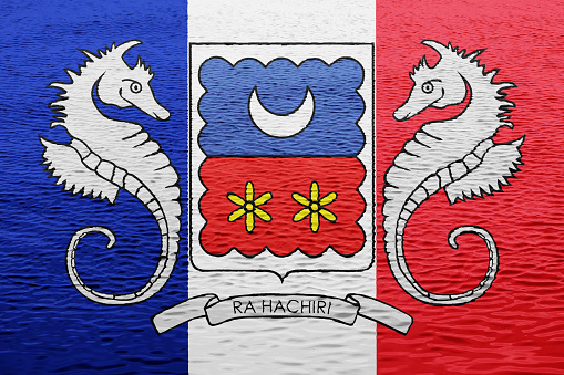 Flag and coat of arms of Mayotte on a textured background. Concept collage.