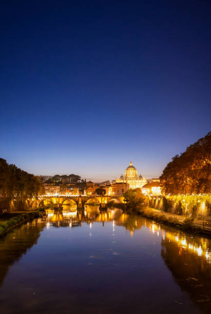 A view along Rome's River Tiber during the blue hour after sunset in November.