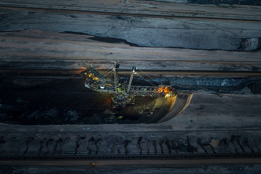 Braunkohletagebau, Germany - brown coal surface mine at dusk. Aerial view.