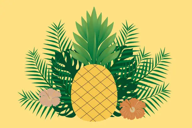 Vector illustration of Fresh pineapple banner with tropical plants, palm leaves and exotic hibiscus flowers, on pastel background for brand, logo, template, label, emblem, store, packaging, advertising. Vector illustration.