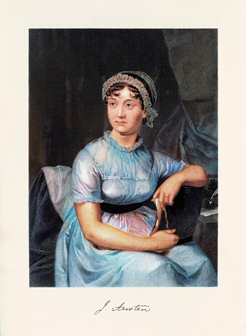 Vintage image features a portrait of Jane Austen, the renowned English novelist (1775–1817) celebrated for her insightful portrayal of the manners, morals, and relationships of the English upper class in the late 18th and early 19th centuries. Her major works include 