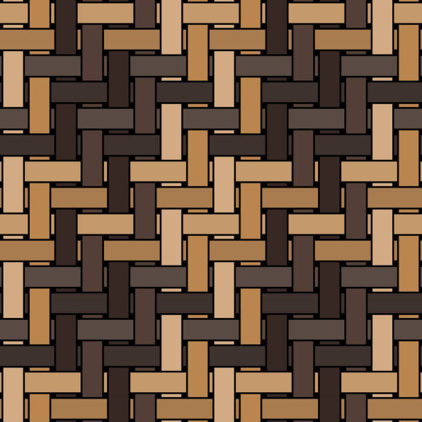 бесшовный геометрический узор с коричневыми переплетенными полосами на черном фоне. традиционный плетеный дизайн. - woven intertwined interlocked straw stock illustrations