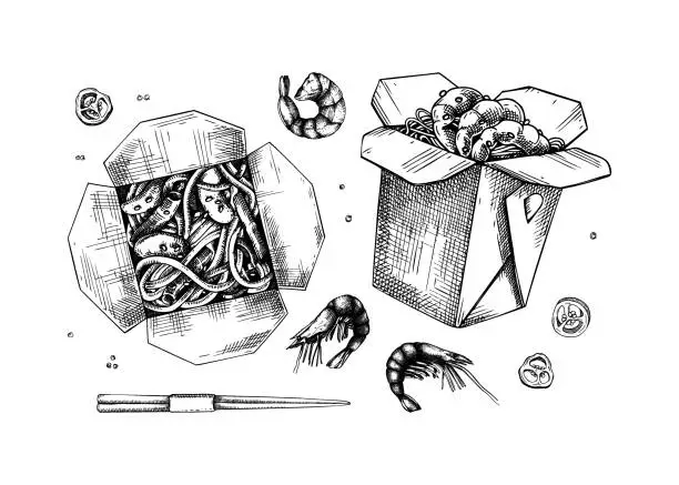 Vector illustration of Food delivery sketches set