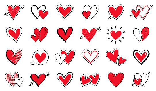 Set of vector hearts. Design elements isolated on a white background. Hand drawn vector illustration.