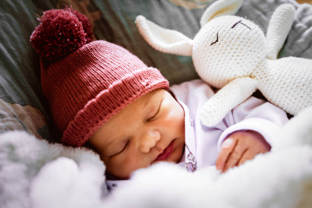 newborn baby sleeping newborn baby sleeping peacefully with his stuffed bunny small florida home stock pictures, royalty-free photos & images