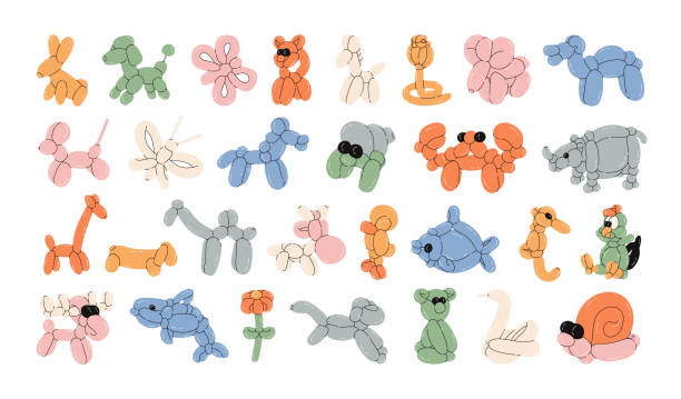 illustrations, cliparts, dessins animés et icônes de set of balloon animals - balloon twisted shape animal