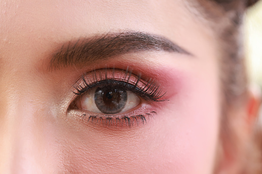 Beauty and fashion makeup , close up beautiful eye .Eye makeup woman applying eyeshadow powder
