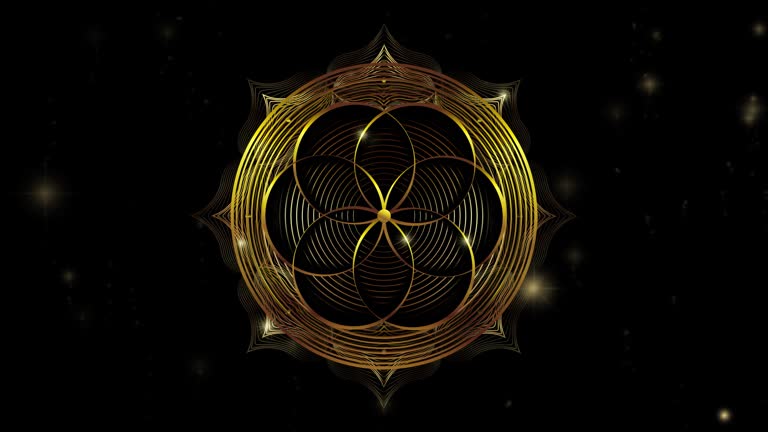 Video animation gold shiny Flower of Life in motion. Golden Lotus Sacred geometry in the moving galaxy, starry background. Model for TV show, intro, movie, stage design. Black universe cosmic space