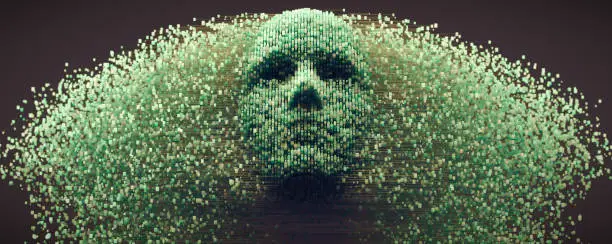 3D dissolving human head made with cube shaped particles.