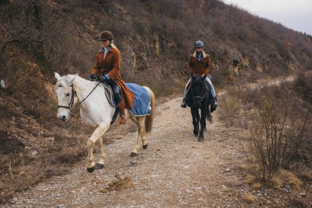 Two young friends having fun riding horses outdoors.