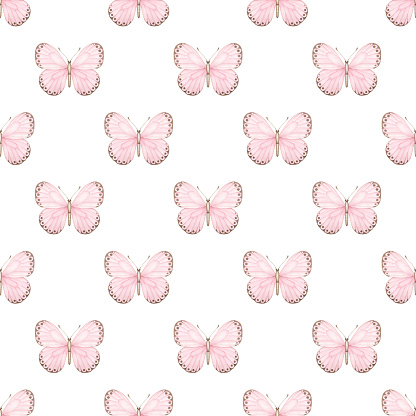 Seamless pattern with pink butterfly. Watercolor hand painted background.