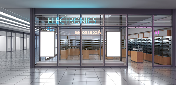 Electronics store facade with glass storefront and neon signs, blank glowing signboard mockup, mobile phones display showcases inside. 3d illustration
