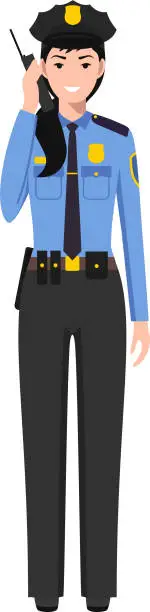 Vector illustration of Standing American Policewoman Officer with Walkie-Talkie in Traditional Uniform Character Icon in Flat Style. Vector Illustration.
