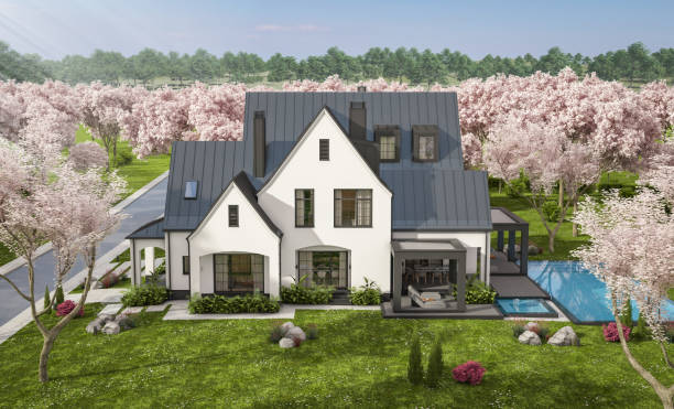 istock 3d rendering of new concrete house in modern style in spring day 1970724098