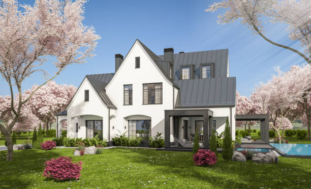 3d rendering of new concrete house in modern style in spring day