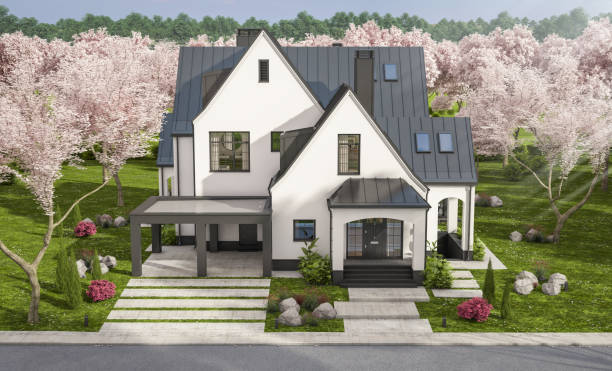 istock 3d rendering of new concrete house in modern style in spring day 1970724617