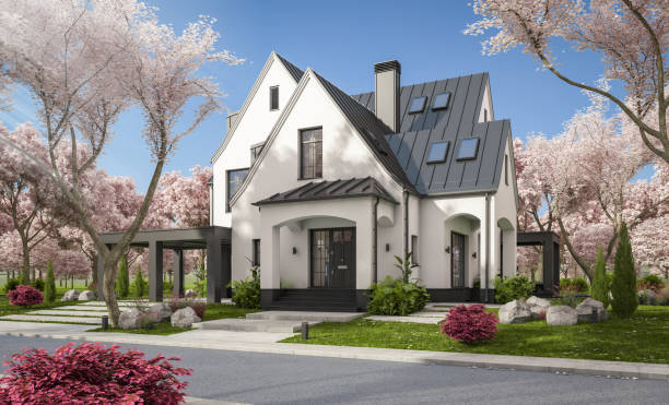 istock 3d rendering of new concrete house in modern style in spring day 1970725145