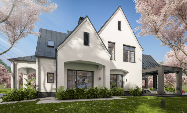 istock 3d rendering of new concrete house in modern style in spring day 1970725657