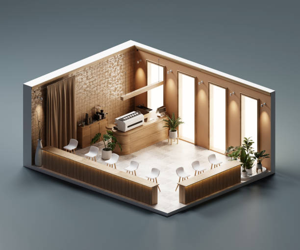 Isometric room minimal cafe store open inside interior architecture 3d rendering digital art without AI generated