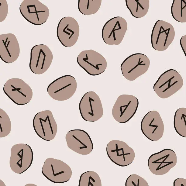 Vector illustration of Runes stones seamless pattern. Runic alphabet, the Elder Futhark. Germanic ancient writing. Fortune telling, predicting, divination. Hand drawn illustration of nordic symbols