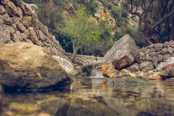 Picturesque scenery of small waterfall flowing through rocky boulders into calm river on sunny day in ravine in Biniaraix