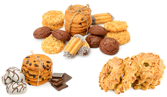 Assorted cookies isolated on white background. Collage.