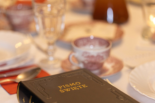 Christman food, table, tradition, Holy Bible on christmas table