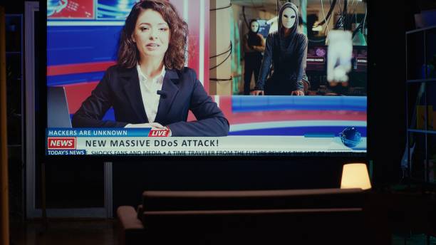 istock Smart TV displaying news program broadcasting with journalist talking about cybercriminals attacks 1970779751