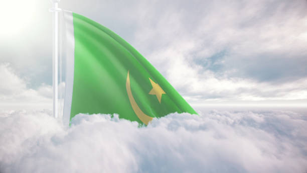 National flag soaring in sky, Flag waving proudly above clouds at sunrise bandera mauritana ondeando sobre las nubes, el concepto de libertad y patriotismo de mauritania, bandera nacional ondeando con orgullo sobre las nubes, simbolizando la libertad, el día de la independencia, la celebración, la libertad, el patriotismo, el