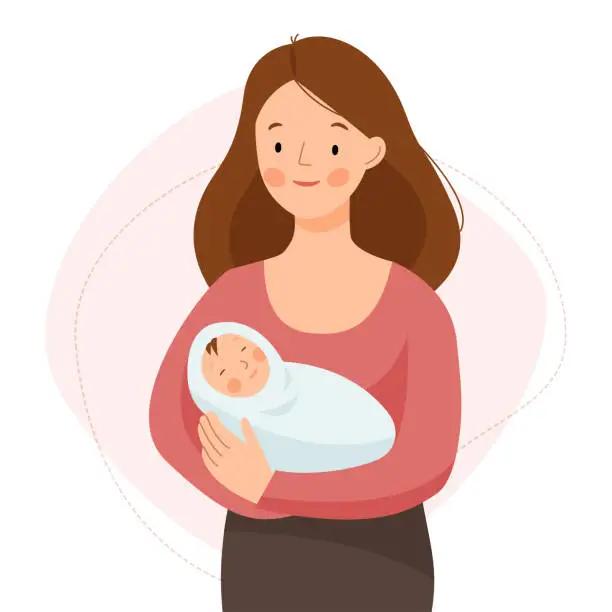 Vector illustration of Mom holds a baby in her arms and smiles. Happy woman and a newborn. Motherhood.