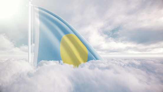 National flag soaring in sky, Flag waving proudly above clouds at sunrise