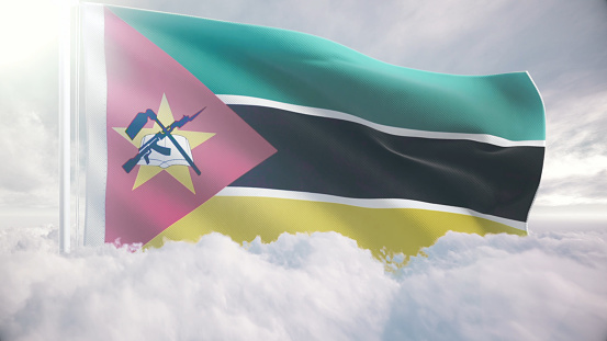 Africa Ghana man standing behind a South Africa flag on a beach in Labadi beach Accra Ghana West Africa 2018 April 16