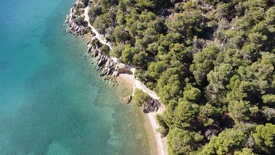 Drone shot of Kalamaki beach near Epidavros in Greece