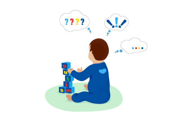 Baby boy play with blocks. Cubes tower with letters autism Vector Isolated. World Autism Awareness Day. Baby boy play with blocks. Cubes tower with letters autism Vector Isolated. World Autism Awareness Day. Design element for banners, posters, printed products, cards, flyers, patterns, covers. honored-babies stock illustrations