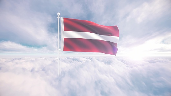 Latvian flag waving above the clouds, The concept of Latvia liberty and patriotism, national flag waving proudly above the clouds, symbolizing freedom, independence day, celebration, freedom, patriotic, power and freedom,