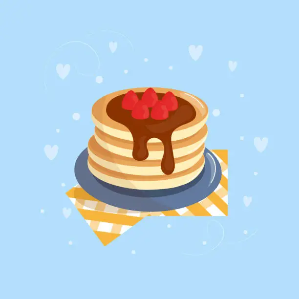 Vector illustration of Pancakes with chocolate filling decorated with raspberries.