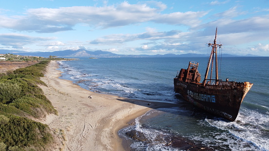 Drone photography of a wreck boat on Valtaki beach