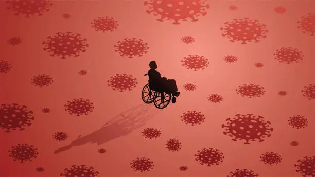 Vector illustration of A man in a wheelchair in the middle of covid viruses around him