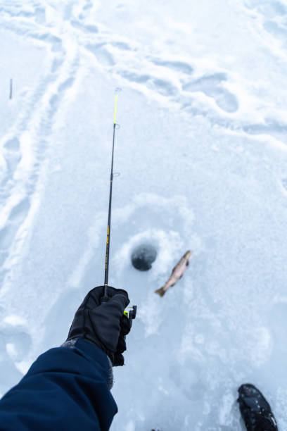 istock Ice fishing catching trout copy space image 1970835813