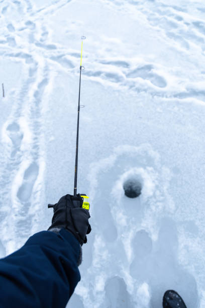 istock Ice fishing catching trout copy space image 1970836828