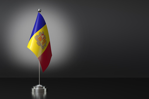 Small National Flag of the Andorra on a Black Background. 3d Rendering